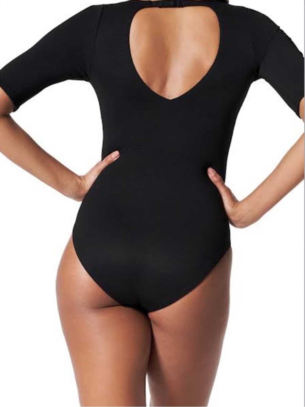Spanx Pique Shaping Plunge Short Sleeve One Piece Swimsuit Very Black Sz S NWT - Picture 2 of 7